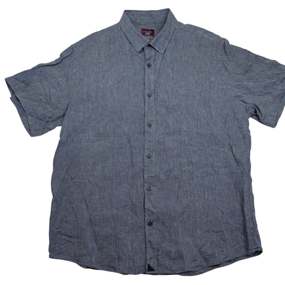 UNTUCKit Canon Dark Blue Pinstripe Linen Short Sleeve Button-Up Shirt Men's XL